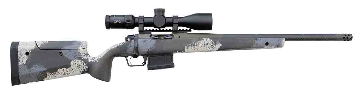 The Model 2020 Waypoint .308 Winchester with an optional adjustable stock, optional carbon fiber-wrapped barrel, Ridgeline camouflage pattern and GPO Spectra 2-16x 44i riflescope.